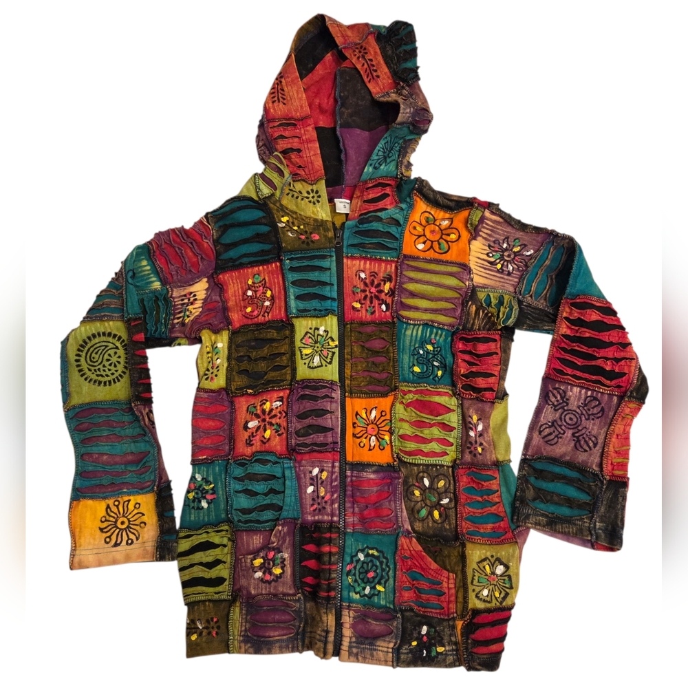 Multi-Color Patchwork Zip Up Hoodie Women’s Size Small Hippie